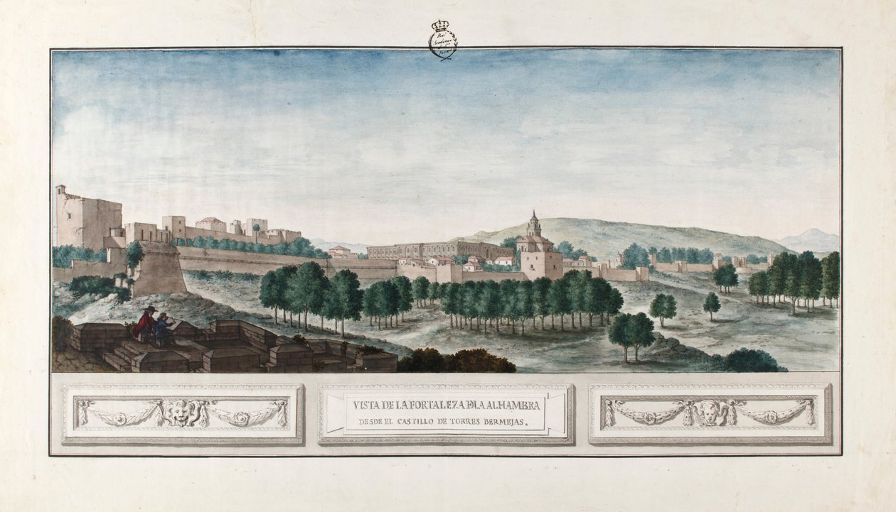 Näkymä Granadan Alhambraan Torres Bermejasin linnasta. tekijältä José de Hermosilla