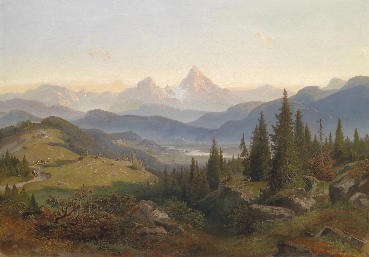 Landschaft mit Gebirgskette, im Hintergrund der Watzmann tekijältä Josef Mayburger
