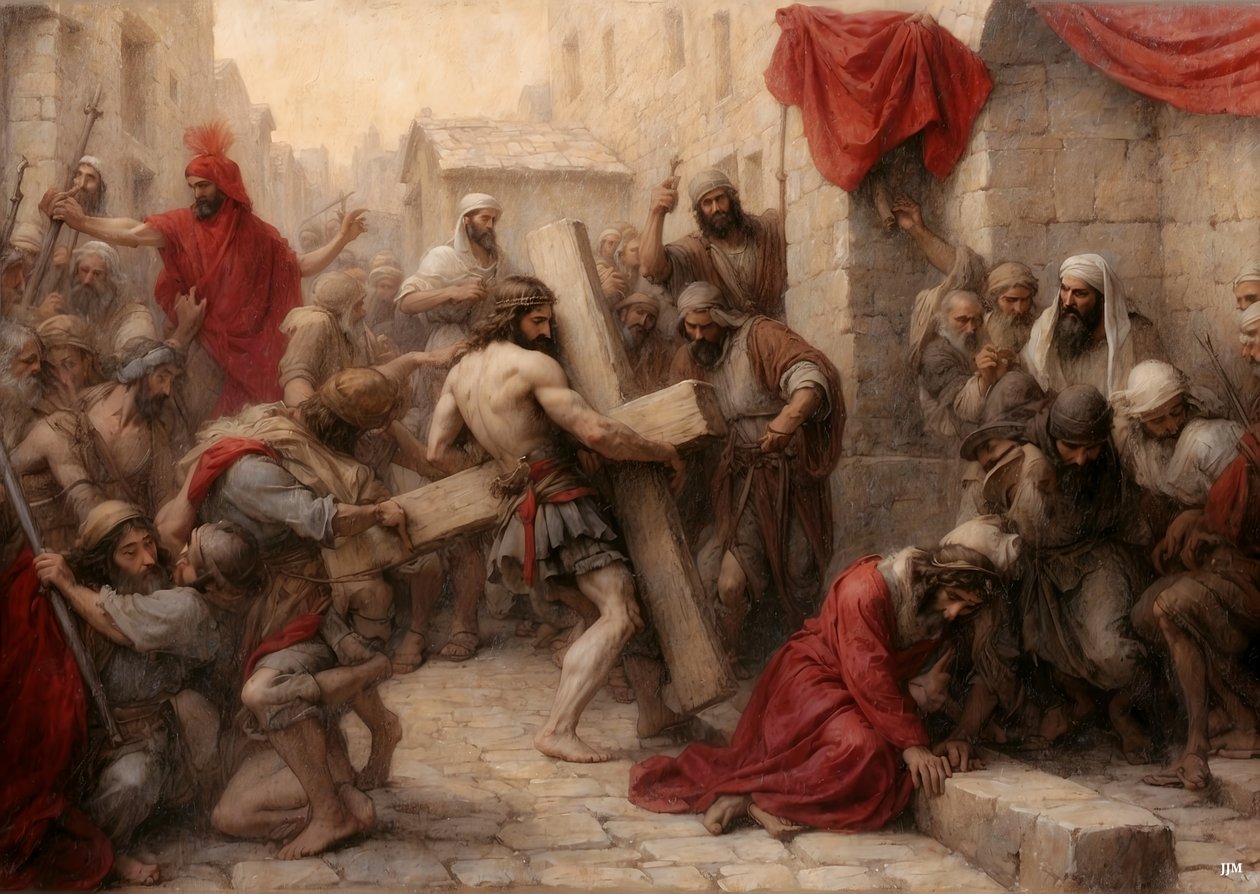 Jeesus kantaa ristiä Jerusalemin läpi _02 tekijältä Josef Johann Michel