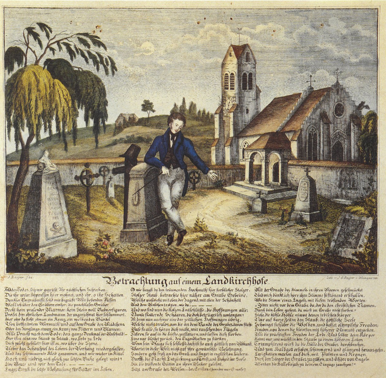 Betrachtung auf einem Landkirchhofe, Andachtsbild mit Gebetstext, Zeichnung von Josef Bayer tekijältä Joseph Bayer