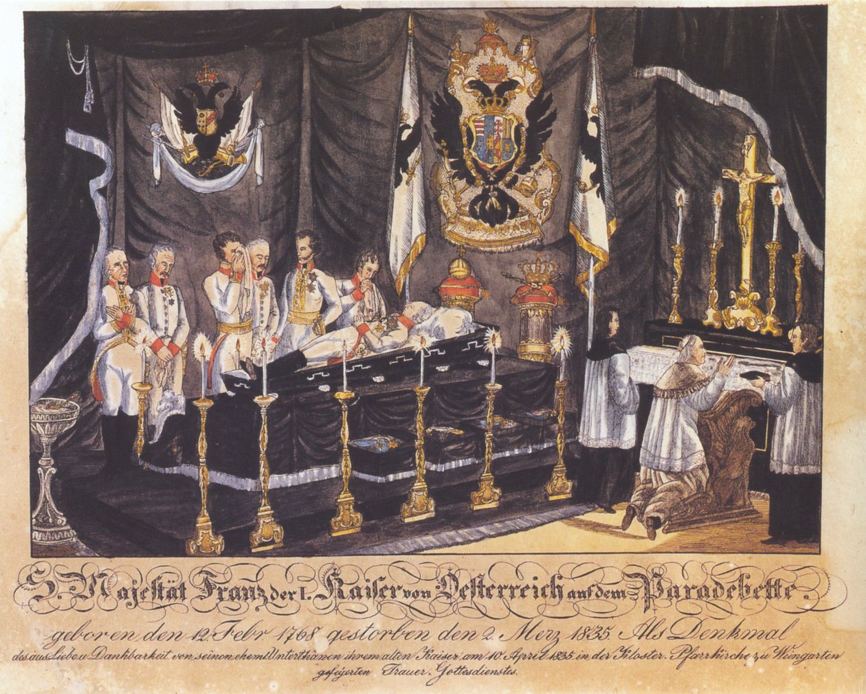 Majestät Franz der I.Kaiser von Oesterreich auf dem Paradebette, kolorierte Lithographie, 1835 tekijältä Joseph Bayer