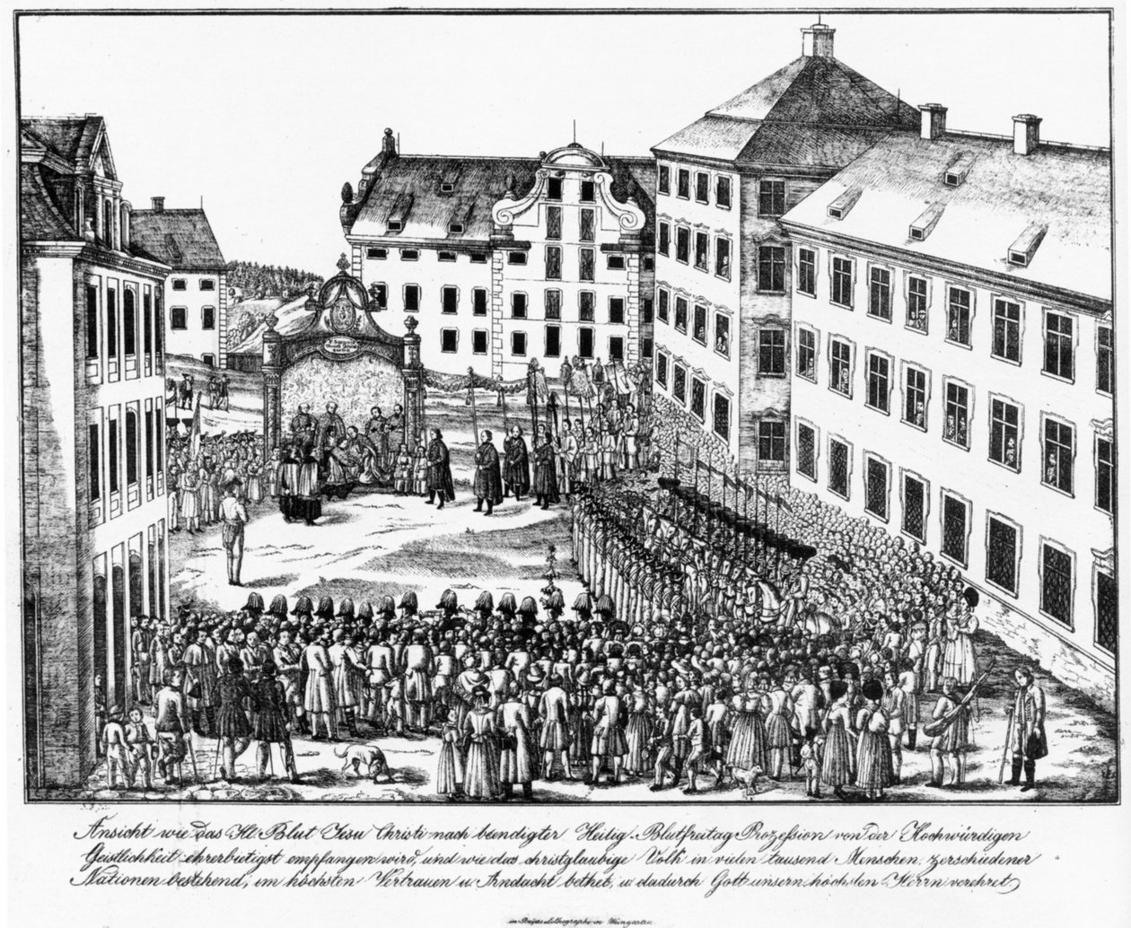 Weingarten, Klosterhof, Empfang der Heilig-Blut-Reqlique durch die Geistlichkeit nach der Heilig-Blut-Prozession, Anfang 1840er Jahre tekijältä Joseph Bayer