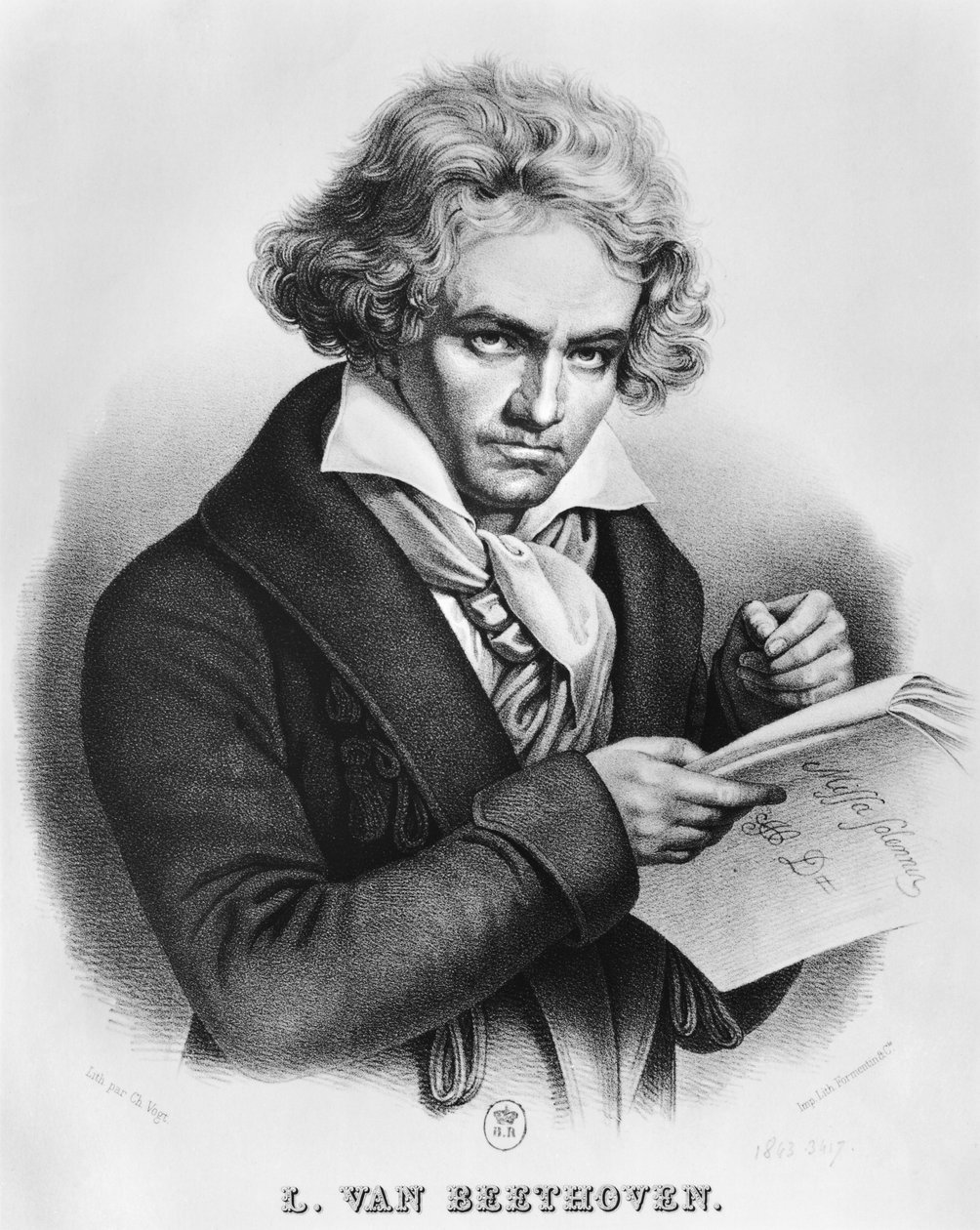 Ludwig van Beethoven (1770-1827) säveltää "Missa Solemnis" -teoksensa, kaiverrettu Charles tai Pierre Charles Vogt tekijältä Joseph Carl Stieler