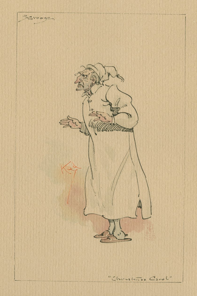 Ebenezer Scrooge - Joululaulu, n. 1920-luku (kynä ja muste wc:llä paperilla) tekijältä Joseph Clayton Clarke
