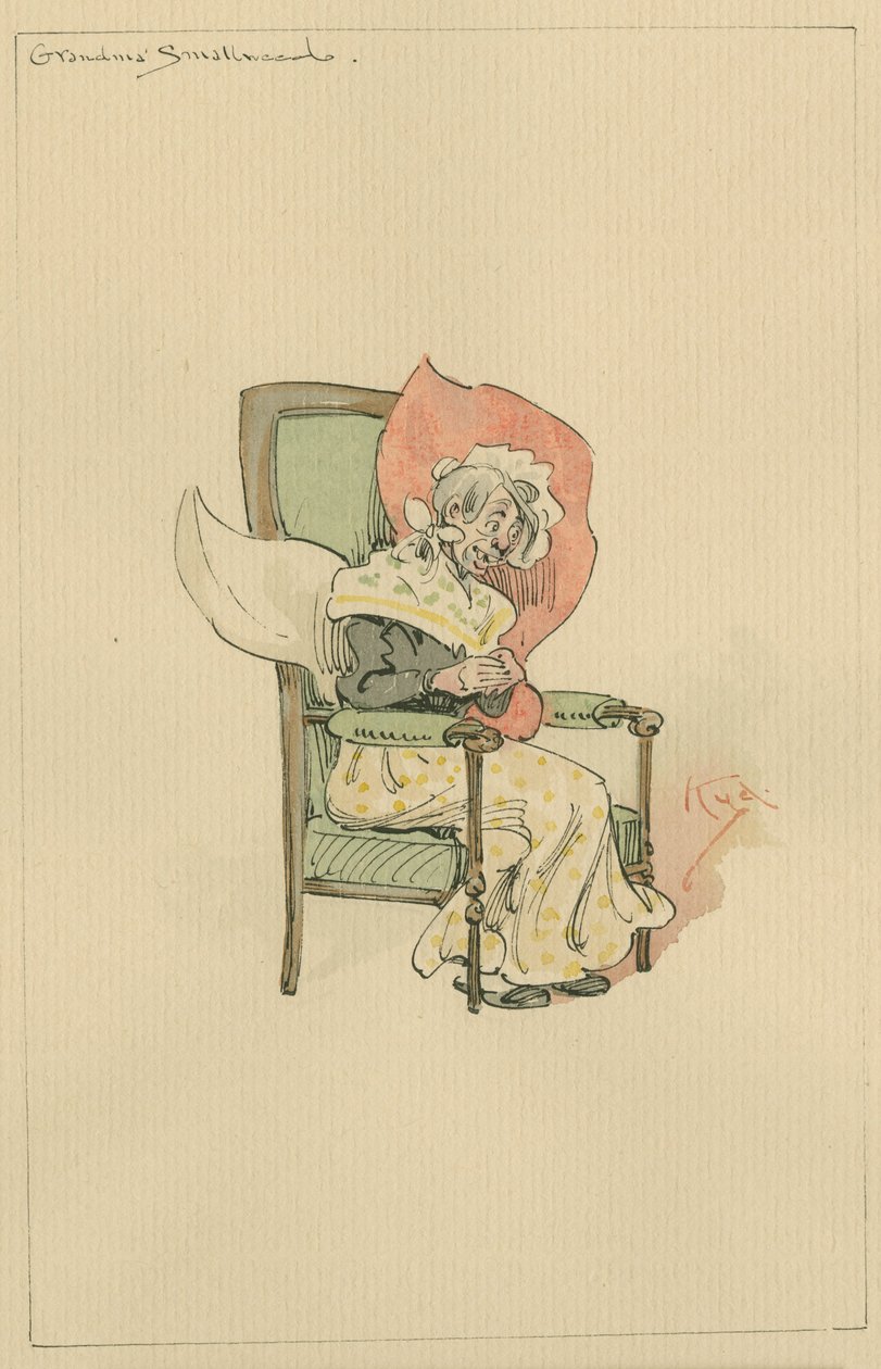 Isoäiti Smallweed, noin 1920-luku (kynä ja muste wc:llä paperilla) tekijältä Joseph Clayton Clarke