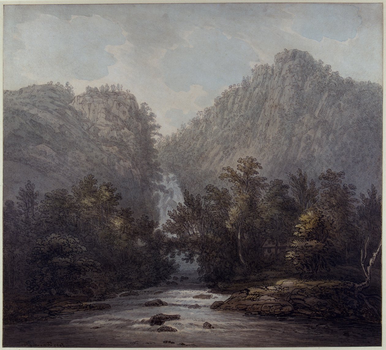 Lodoren vesiputous, Westmoreland, 1785 (kynä, muste ja wc paperilla) tekijältä Joseph Farington