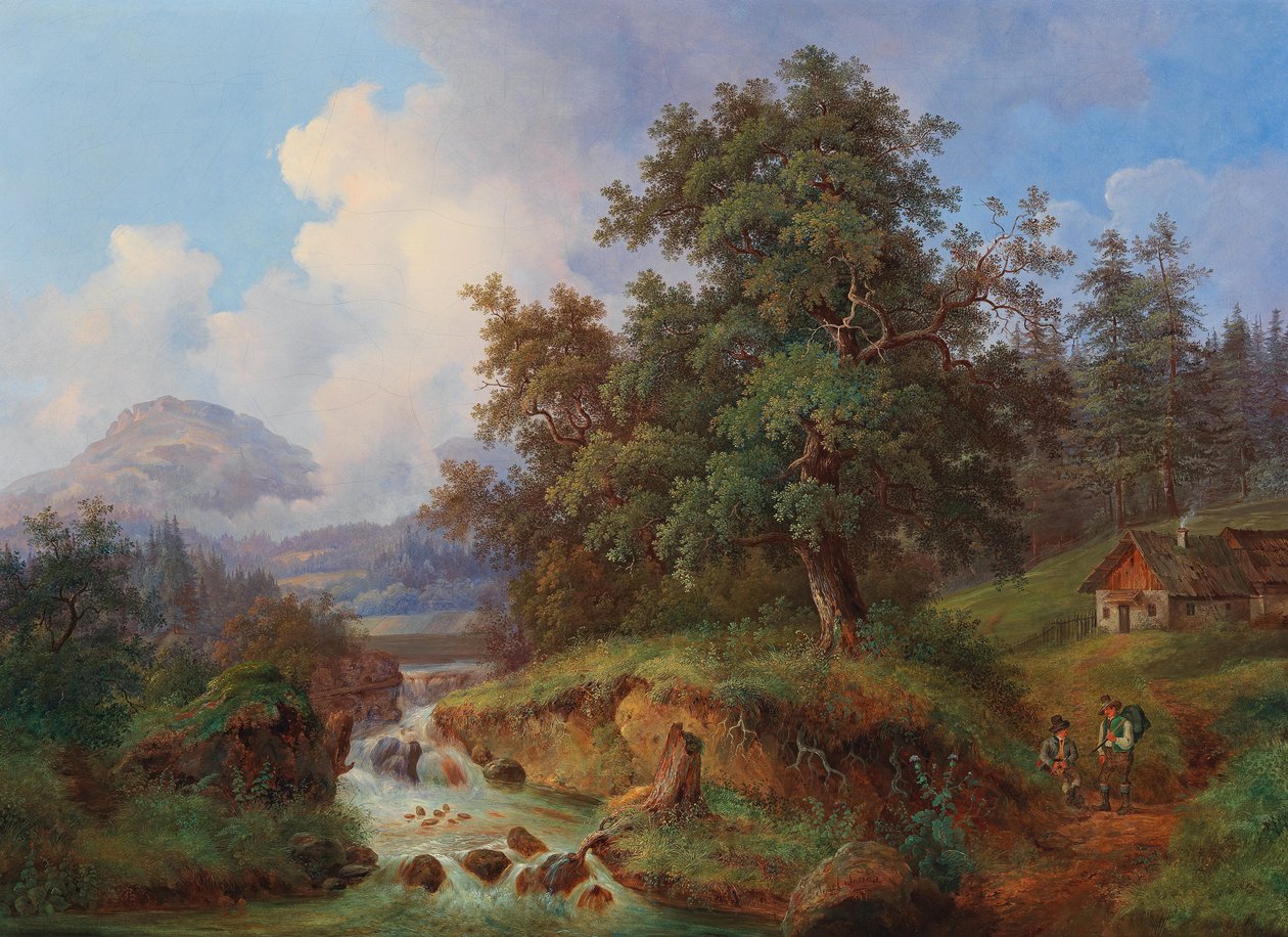 Gebirgslandschaft mit Wanderern bei der Rast tekijältä Joseph Jonas