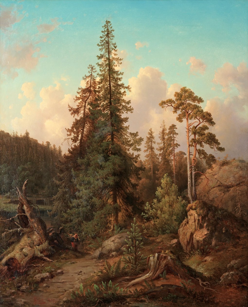 Metsämaisema, jossa nainen kerää puuta tekijältä Joseph Magnus Stäck