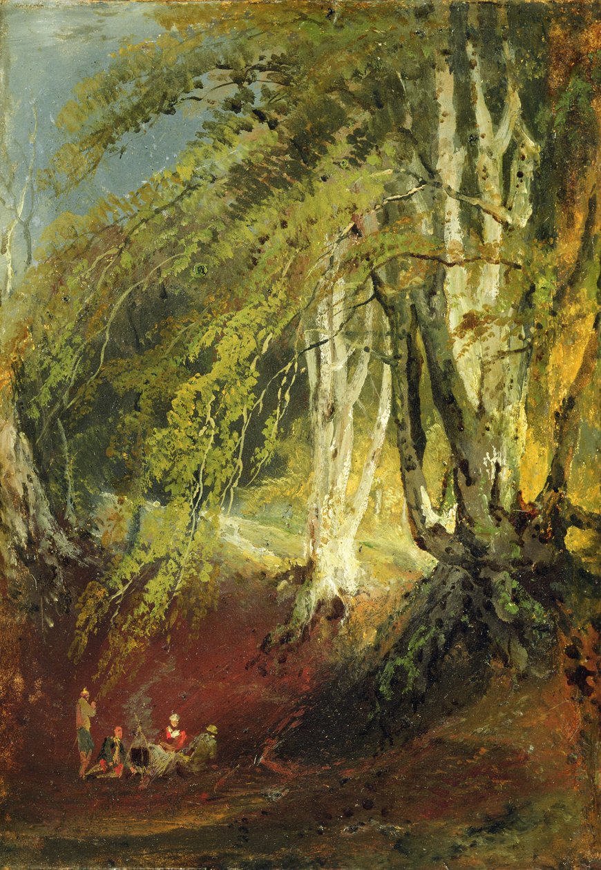 Pyökkipuu, jossa nuotion ympärillä istuvat mustalaiset, n. 1799-1801 (öljy paperille asetettu paneeliin) tekijältä Joseph Mallord William Turner