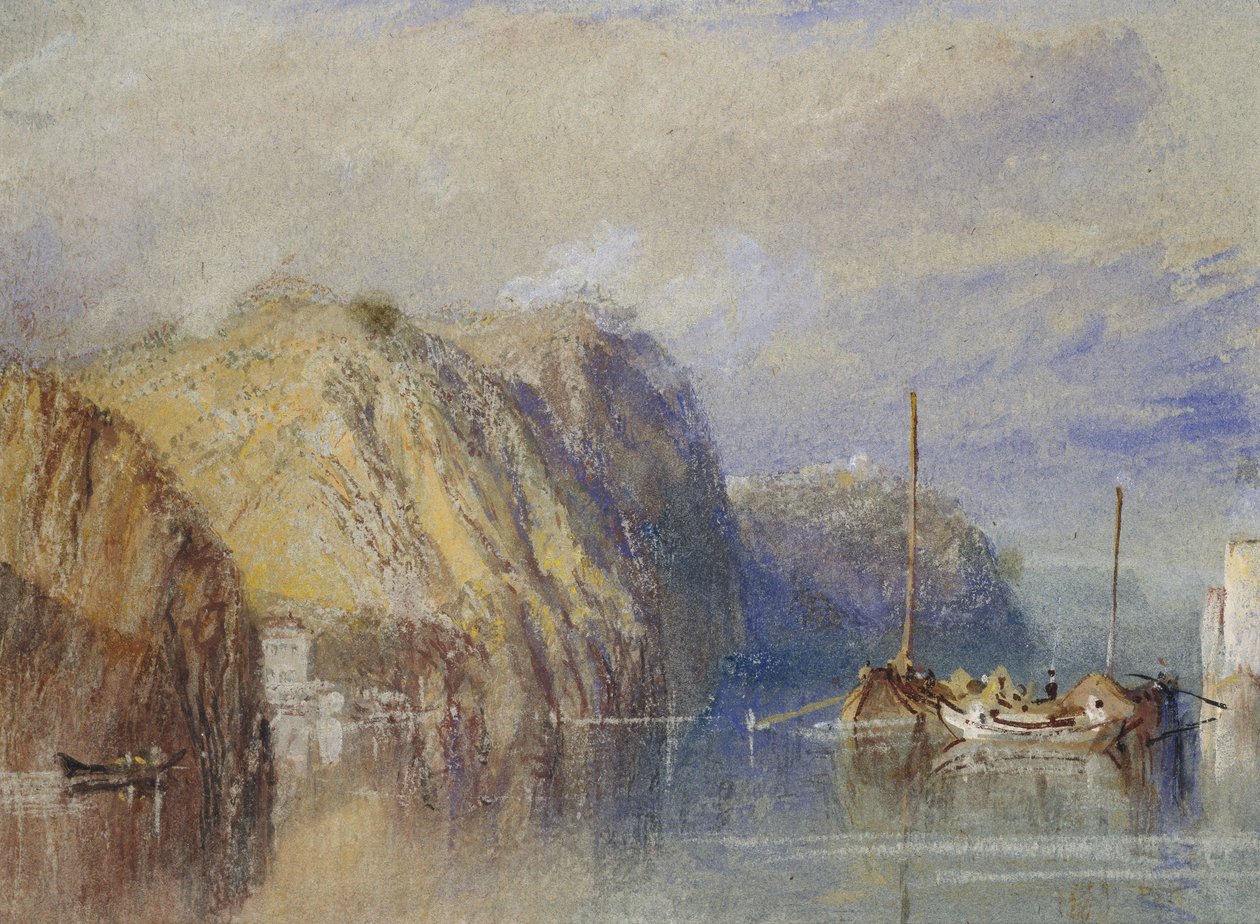Clairmontin ja Mauvesin välillä, 1826 - 1830 (akvarelli vartalovärillä ja kynällä ja ruskealla musteella sinisellä paperilla) tekijältä Joseph Mallord William Turner