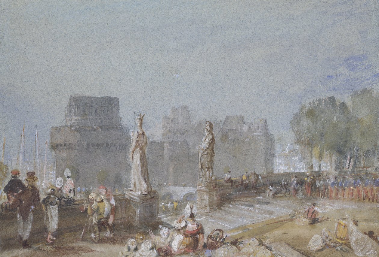Château de Nantes, n. 1830 (vesiväri ja vartaloväri kynällä ja ruskealla ja mustalla musteella) tekijältä Joseph Mallord William Turner
