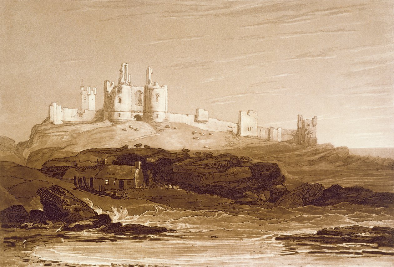 F.14.I Dunstanboroughin linna, "Liber Studiorumista", kaivertanut Charles Turner, 1808 tekijältä Joseph Mallord William Turner
