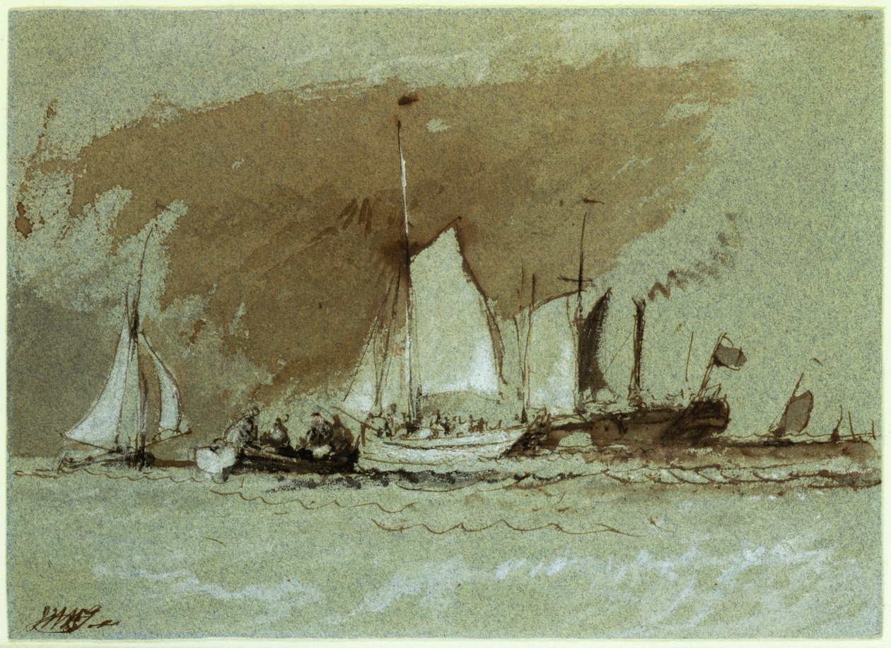Kalastusveneitä merellä, nousemassa höyrylaivaan Isle of Wightin edustalla (intialainen muste korostettu valkoisella paperilla) tekijältä Joseph Mallord William Turner