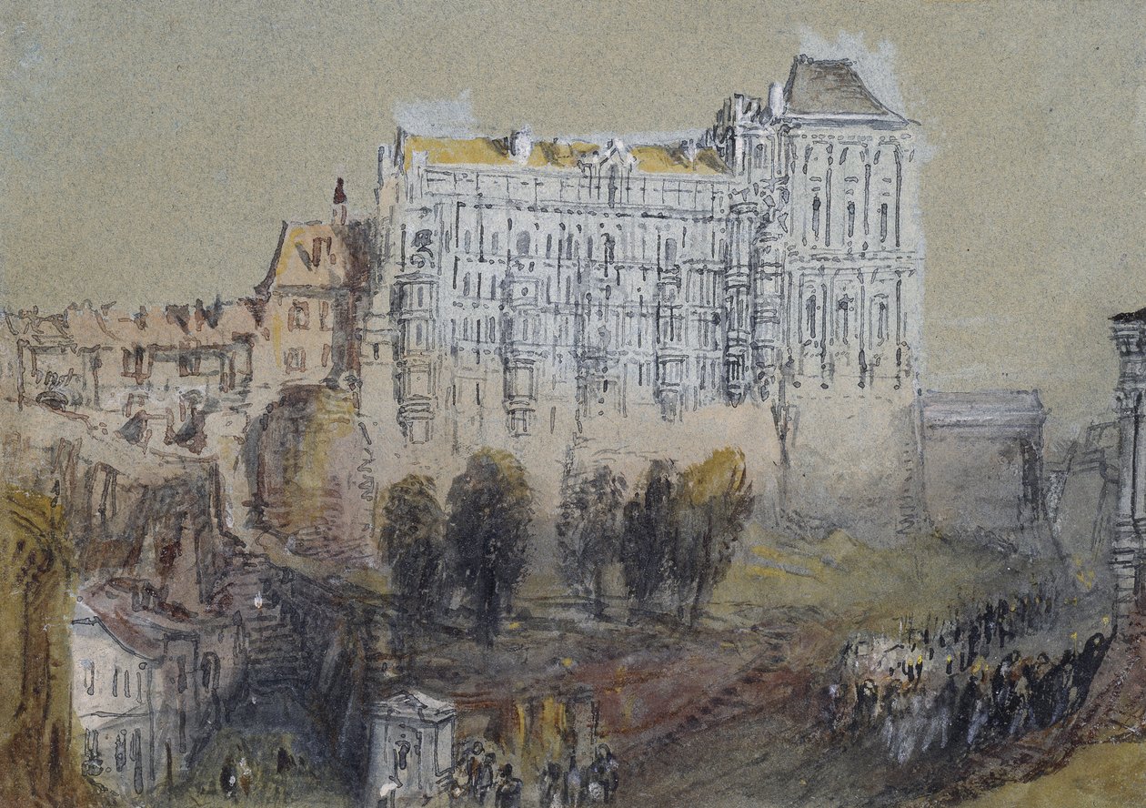 Palatsi Bloisissa, n. 1830 (akvarelli grafiitin päällä runkovärillä ja kynällä sekä ruskealla ja mustalla musteella) tekijältä Joseph Mallord William Turner