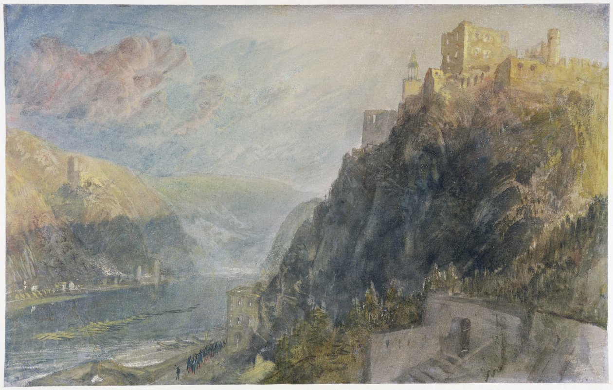 Rheinfels katselee Katzia ja Gourhausenia, 1817 (wc ja guassi paperilla) tekijältä Joseph Mallord William Turner