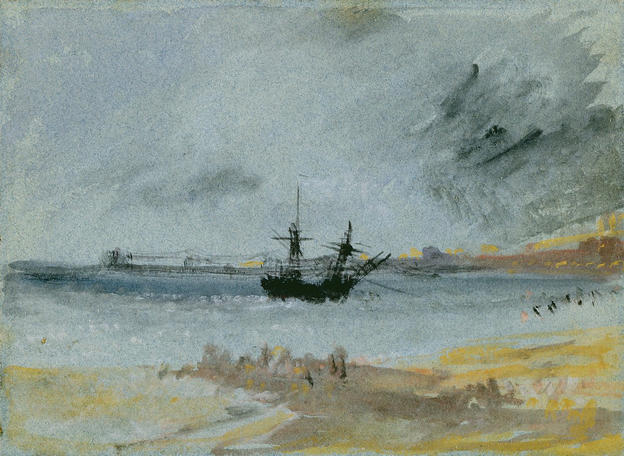 Ship Aground, Brighton, 1830 (musta muste, wc ja rungon väri paperilla) tekijältä Joseph Mallord William Turner