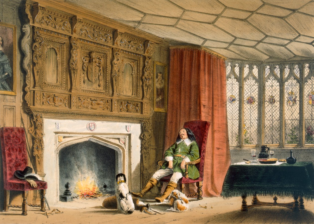 Squire koirien kanssa tulisijan äärellä, Southam Delabere, Gloucestershire, julkaisusta "Architecture of the Middle Ages", julkaistu 1838 tekijältä Joseph Nash