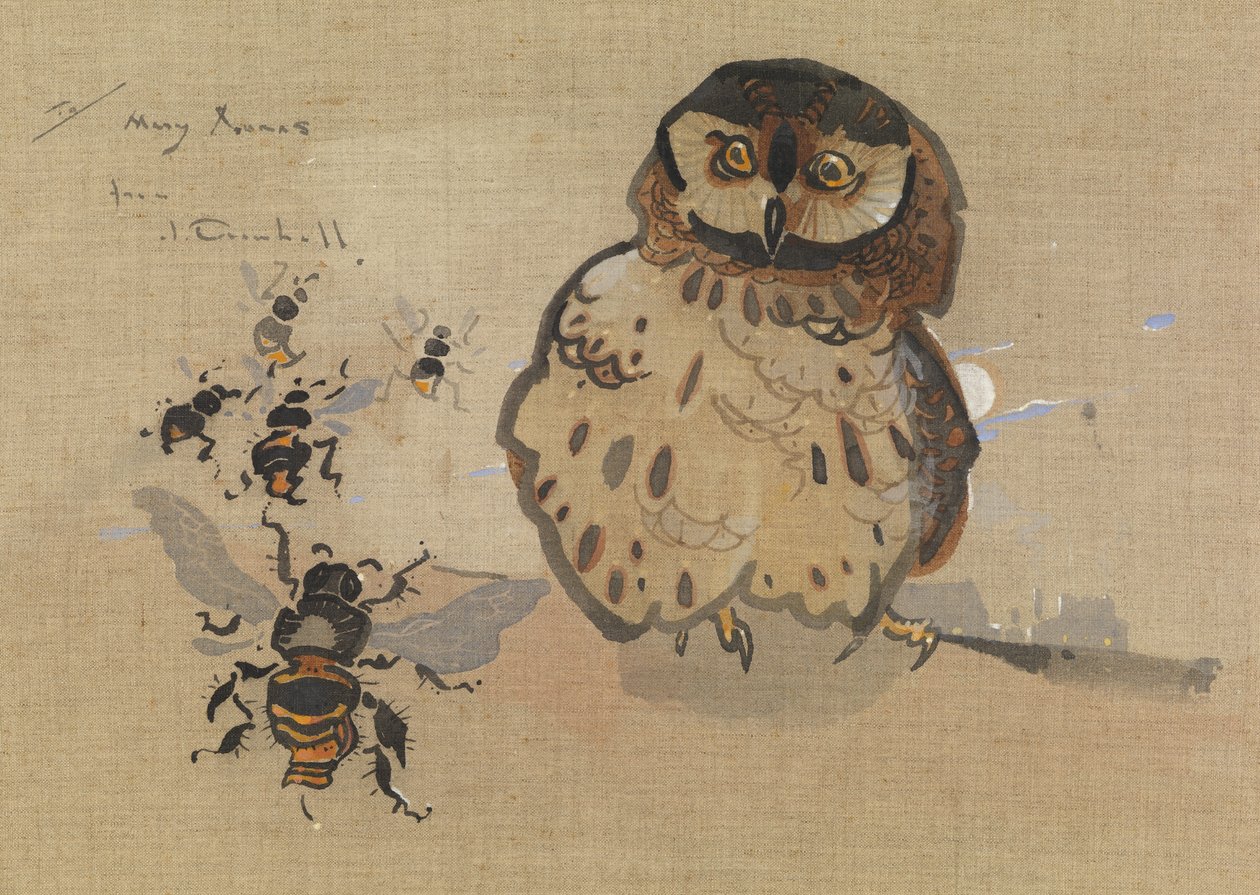 Pöllö ja mehiläiset (guassi pellavalle) tekijältä Joseph Crawhall