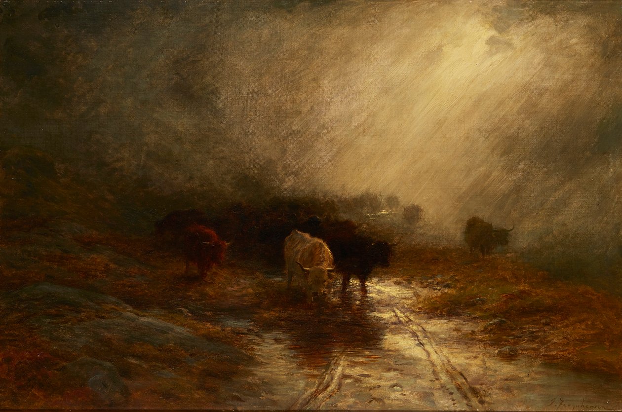 Cattle In the Mist (öljy kankaalle) tekijältä Joseph Farquharson