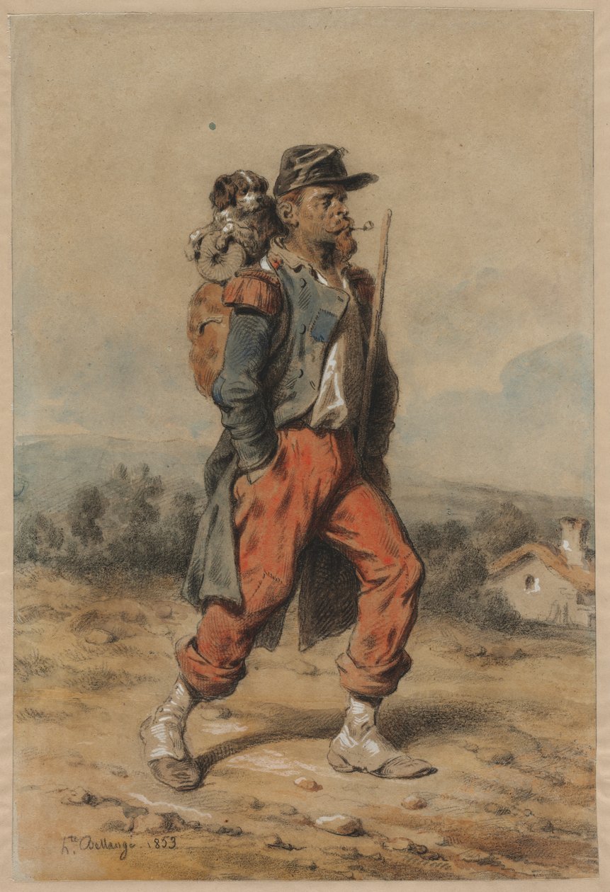 Sotilas koiran kanssa, 1853. tekijältä Joseph Louis Hippolyte Bellange