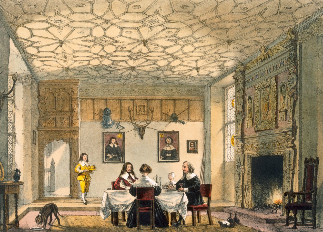 Keskiaikainen perheen illallinen, Wakehurst Place, Surrey, c1600. tekijältä Joseph Nash