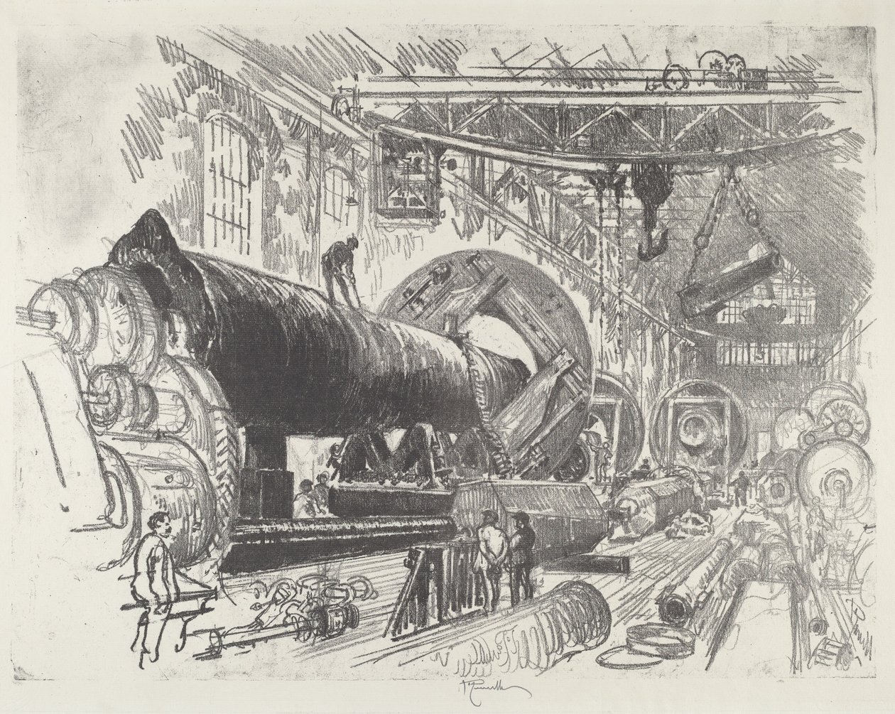 Suuren aseen leikkaaminen ja kääntäminen, 1916. tekijältä Joseph Pennell