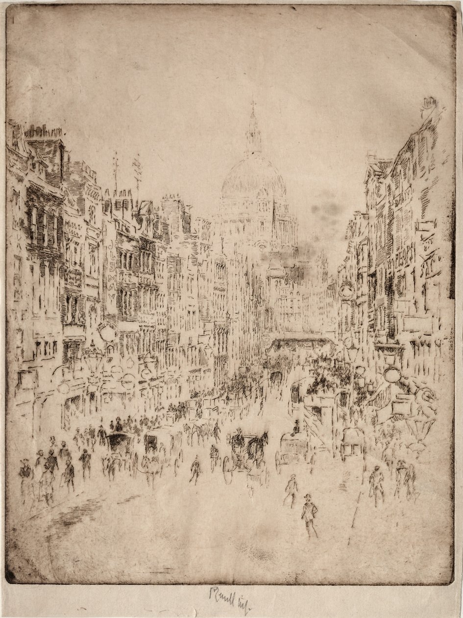 Fleet Street, St. Paulsiin asti, 1896. tekijältä Joseph Pennell