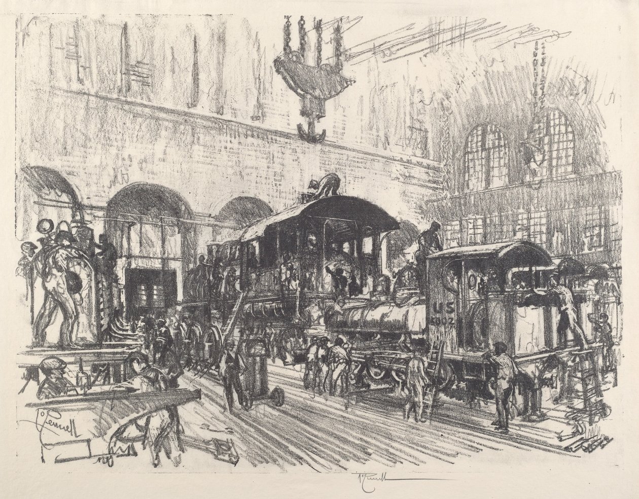 Sotavetureiden valmistus, 1917. tekijältä Joseph Pennell