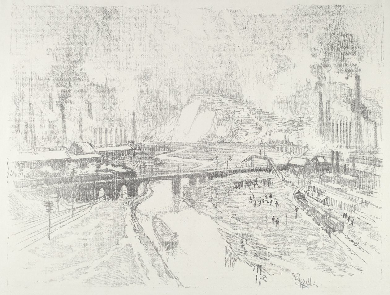 Sotatarvikekaupunki, 1916. tekijältä Joseph Pennell