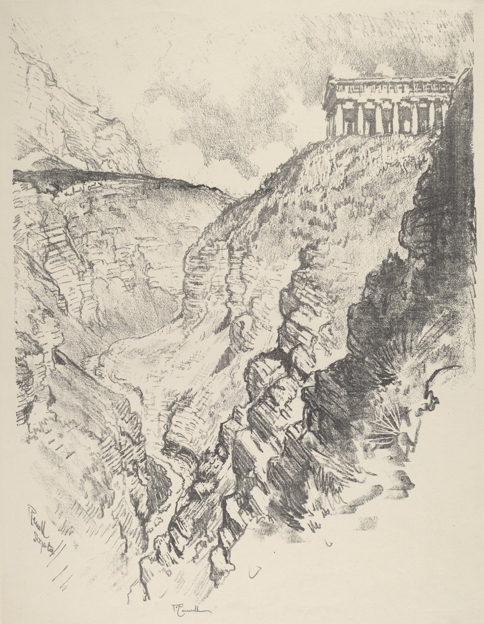 Temppeli kaanonin yllä, Segesta, 1913. tekijältä Joseph Pennell