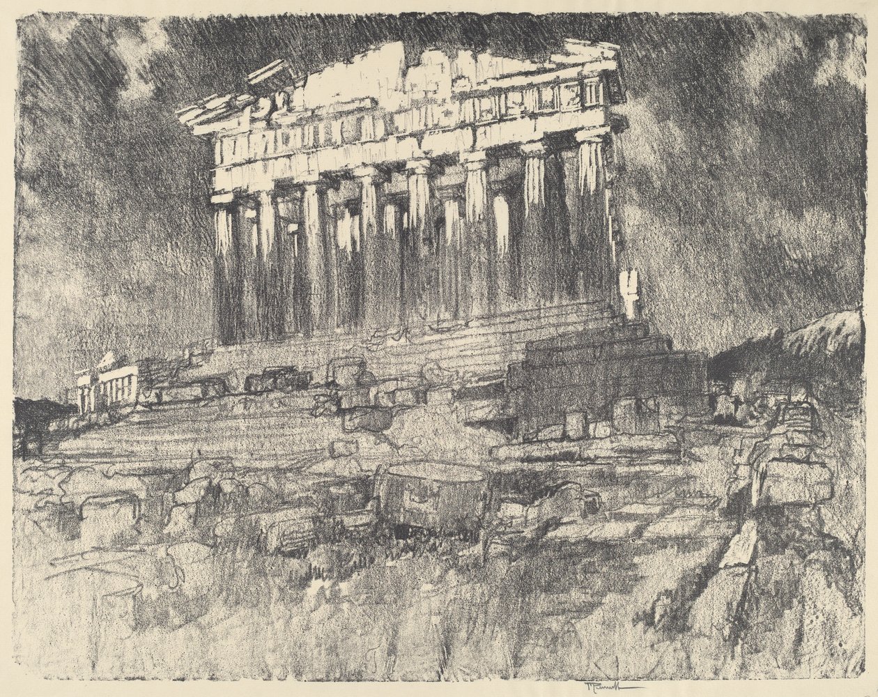 Parthenonin julkisivu, auringonlasku, 1913. tekijältä Joseph Pennell
