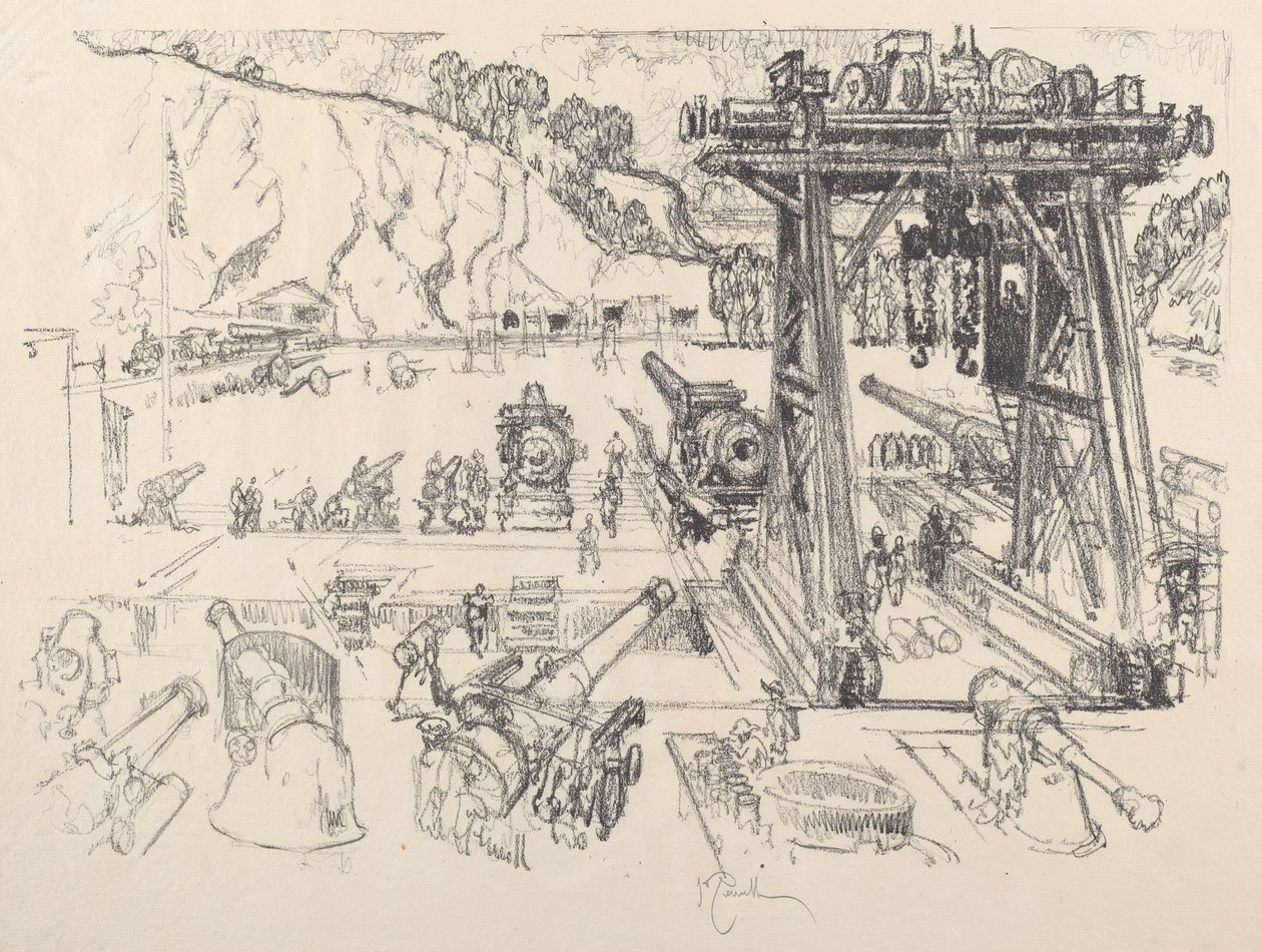 Aseiden testauskenttä, 1917. tekijältä Joseph Pennell