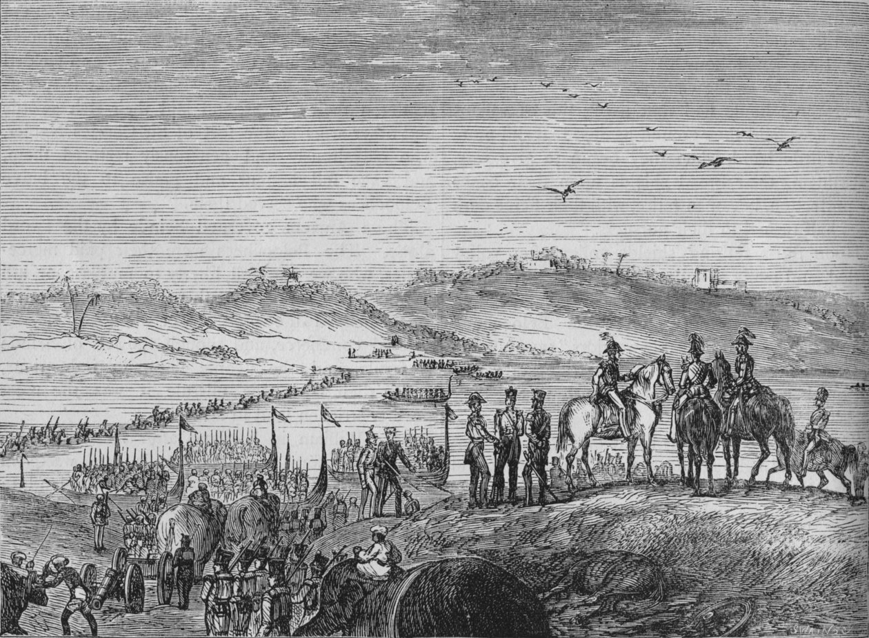 Brittiarmeija ylittää Sutlej-joen, n. 1880 tekijältä Joseph Swain