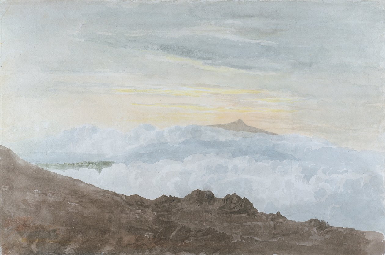 Vuoristomaisema ja pilviä, noin 1803 (grafiitti grafiitilla vellilliselle paperille). tekijältä Joshua Cristall