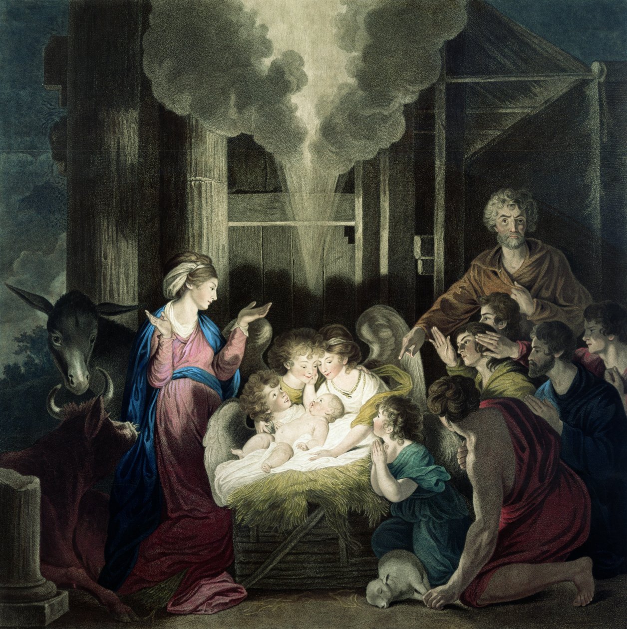 Syntymäjumalanpalvelus, kaiverrettu G.S. ja S.G. Faciuksen toimesta, 1785. tekijältä Joshua Reynolds