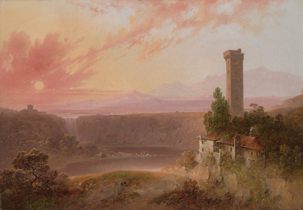 Näkymä Nemi-järvelle auringonlaskun aikaan tekijältä Joshua Shaw