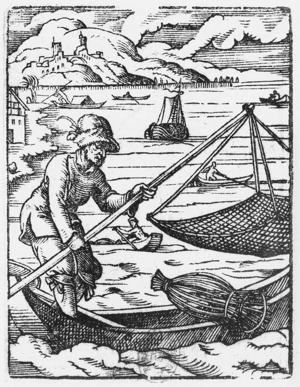 Kalastaja (puupiirros) (bw kuva) tekijältä Jost Amman
