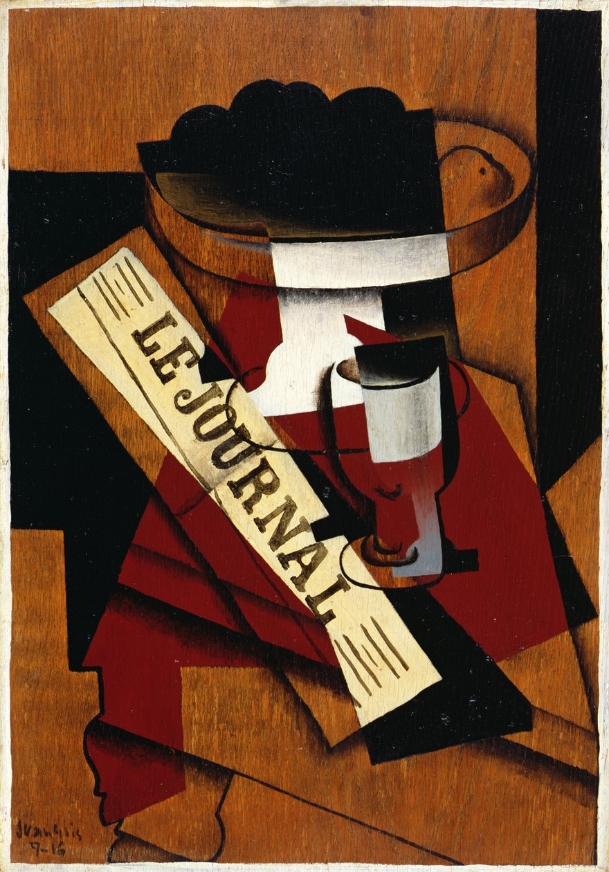 Hedelmäastia, lasi ja sanomalehti, 1916 tekijältä Juan Gris