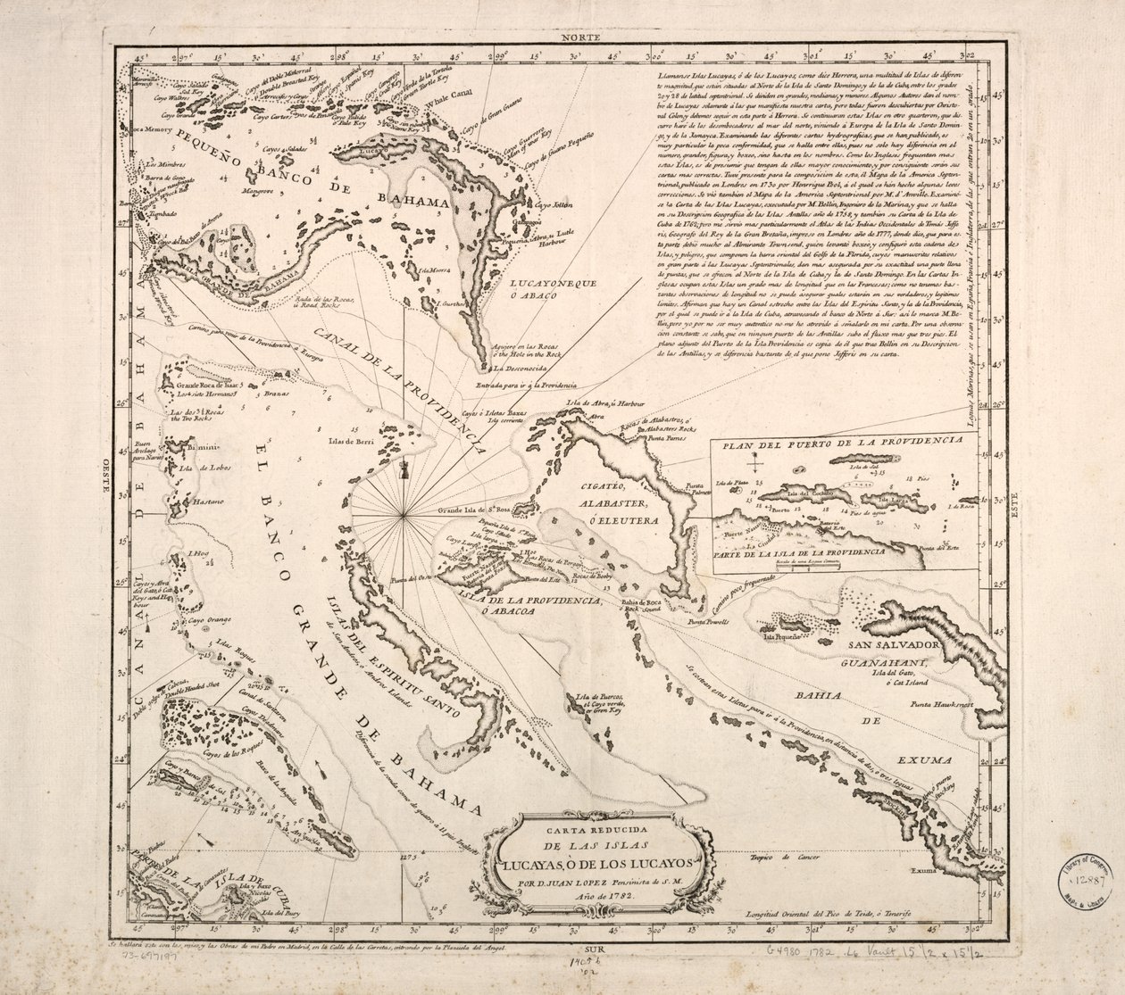 Carta reducida de las islas Lucayas, ò de los Lucayos tekijältä Juan López