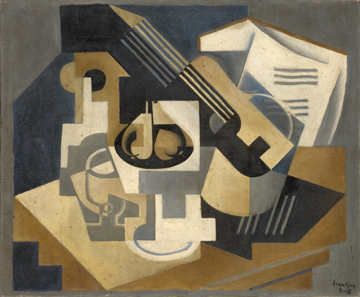 Kitara ja hedelmäkulho pöydällä tekijältä Juan Gris