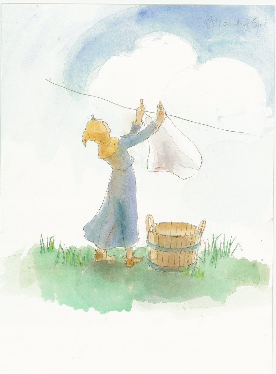 Keskiaikainen tyttö ripustaa pyykkiä, 2004. tekijältä Judith Dobie