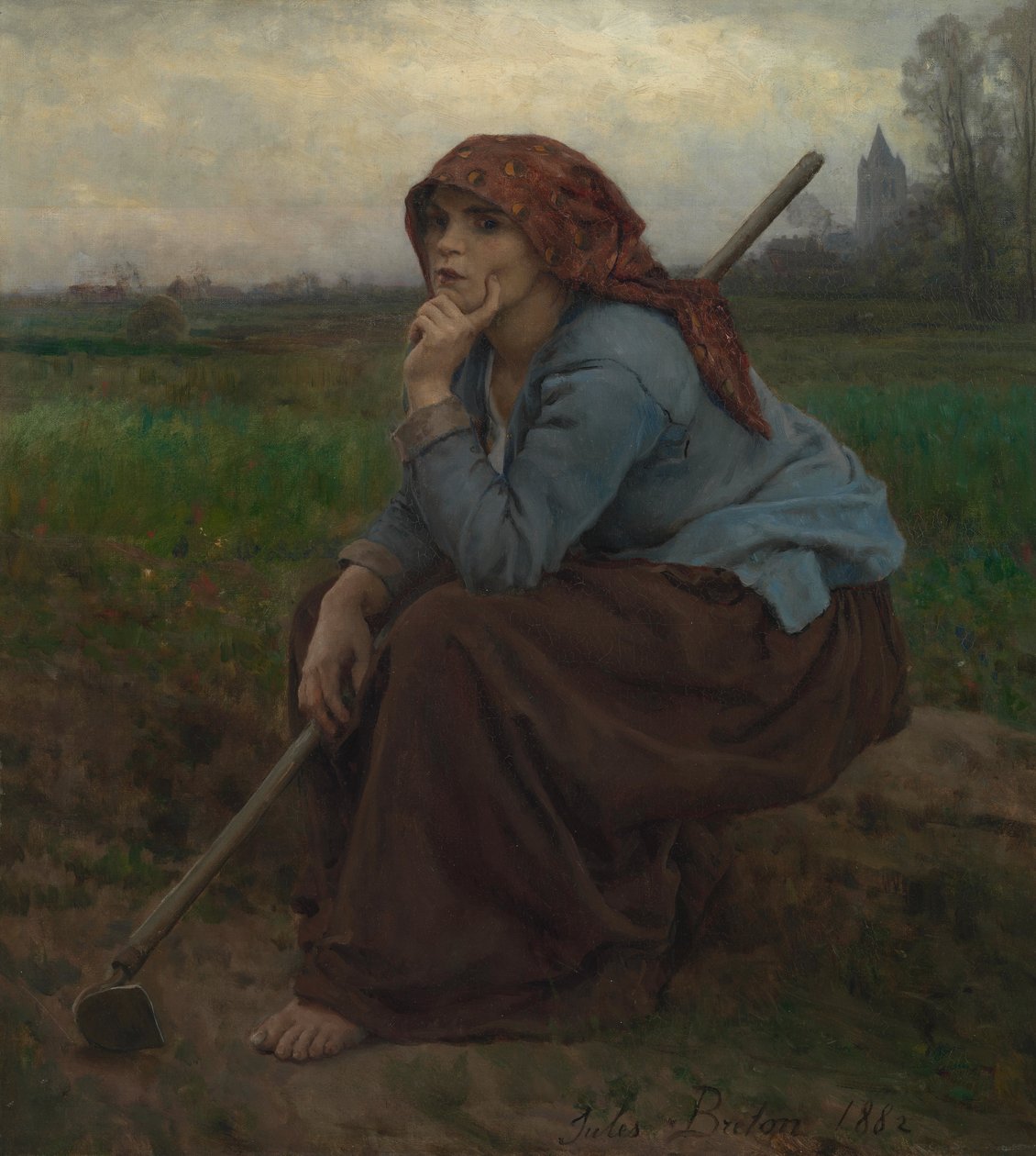 Nuori talonpoika tyttö kuokka tekijältä Jules Breton