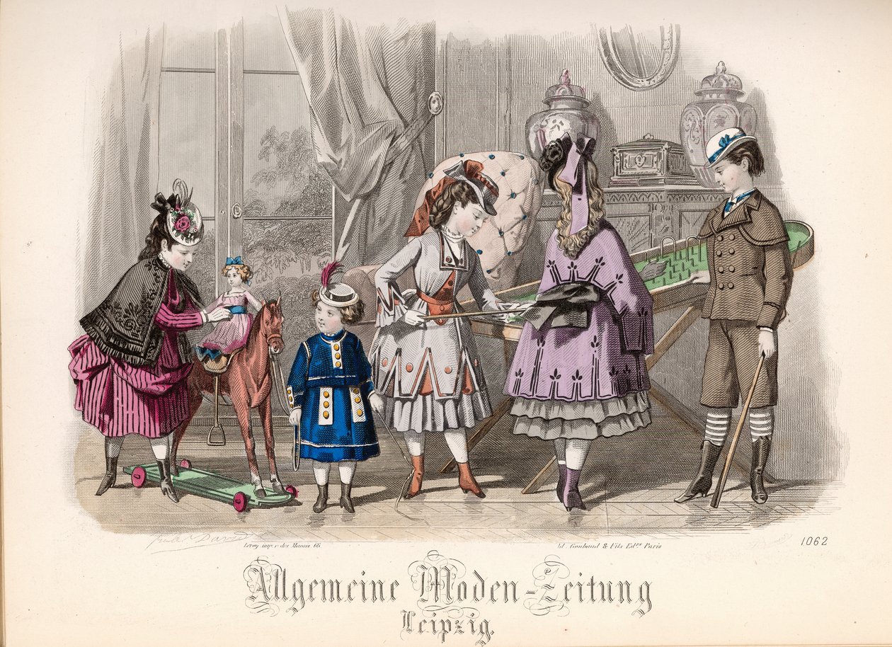 Lapset leikkimässä, muotilevy "Allgemeine Moden-Zeitungista", Leipzig, 1872 tekijältä Jules David