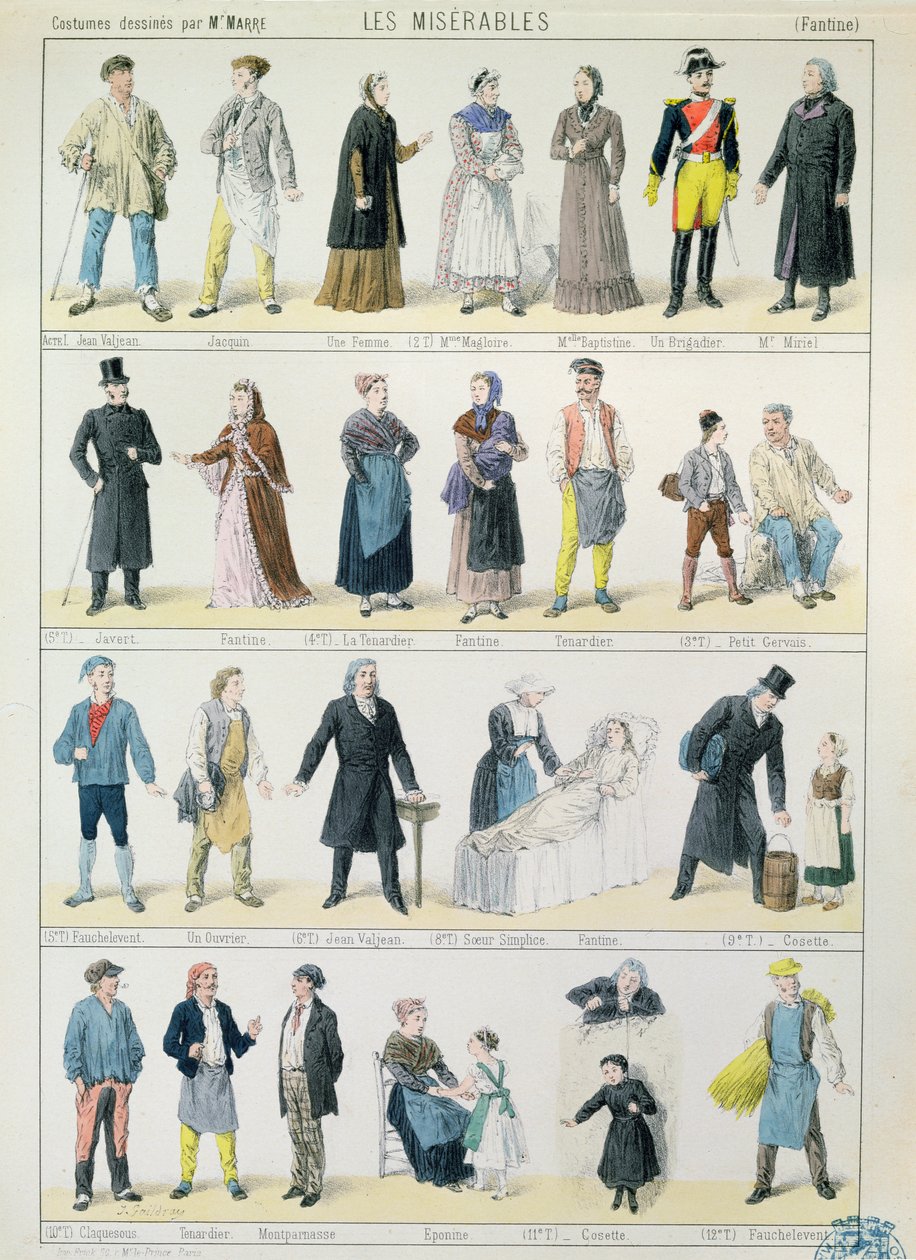 Pukusuunnittelu Victor Hugon (1802-85) Les Miserables -sovitukseen teatterille, 1878 tekijältä Jules Marre