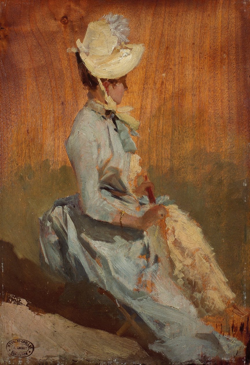 Istuva nainen, n.1879-84 (öljy puulle) tekijältä Jules Cheret