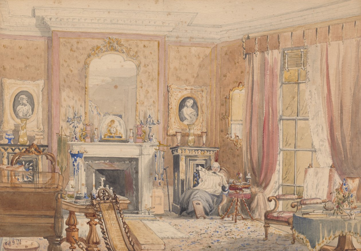 Bryn Glasin piirustushuone, Monmouthshire, 1871 (wc paperille) tekijältä Julia Mackworth