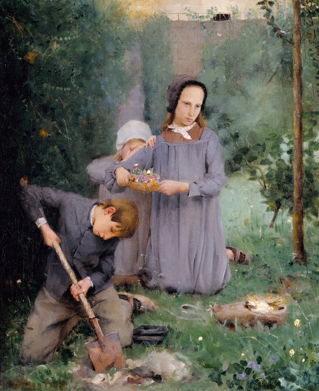 Lapset hautaamassa lintua, 1878. tekijältä Julian Alden Weir