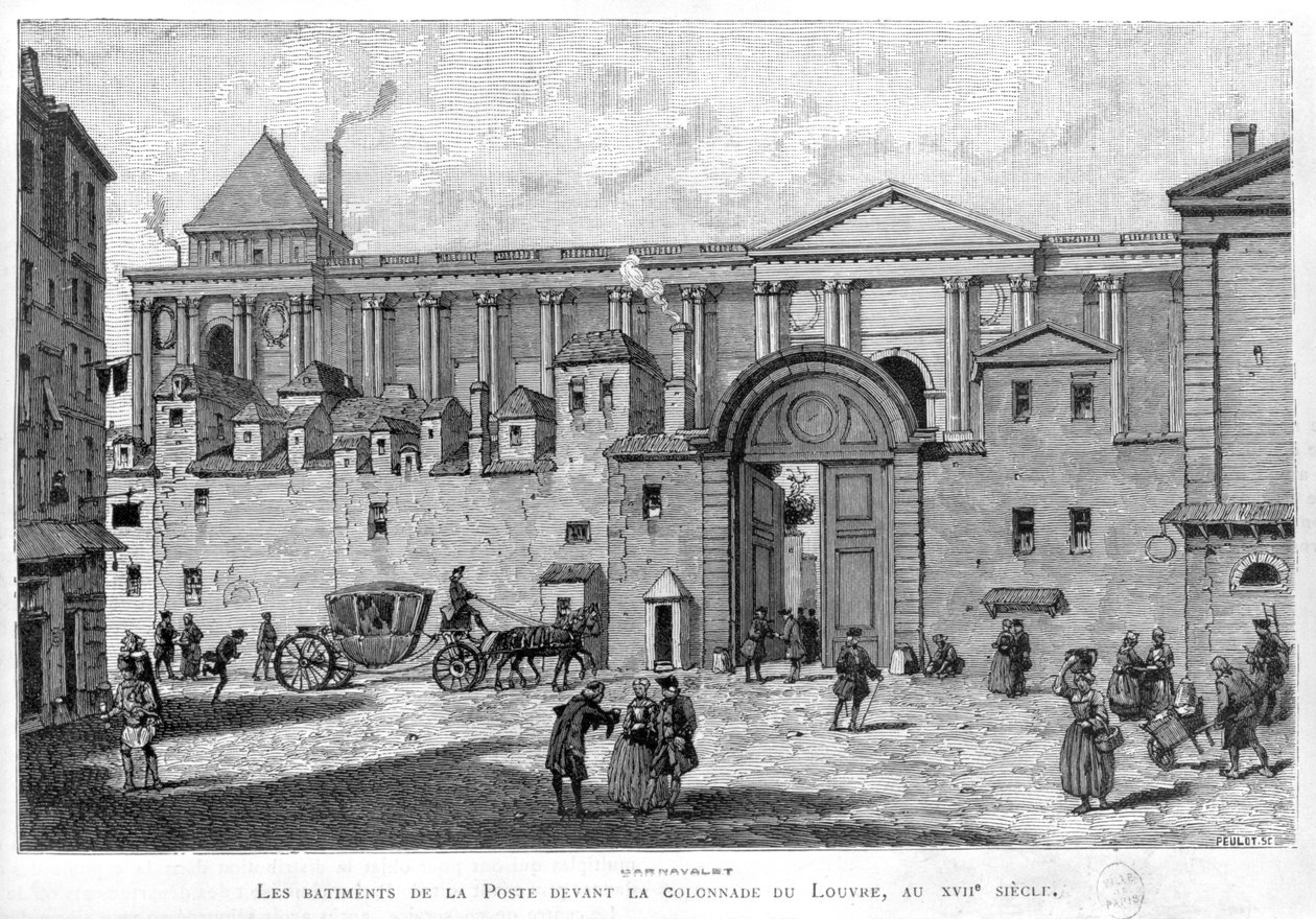 Pariisin postilaitos Louvren pylväskäytävän edessä 1600-luvulla. tekijältä Julien Antoine Peulot