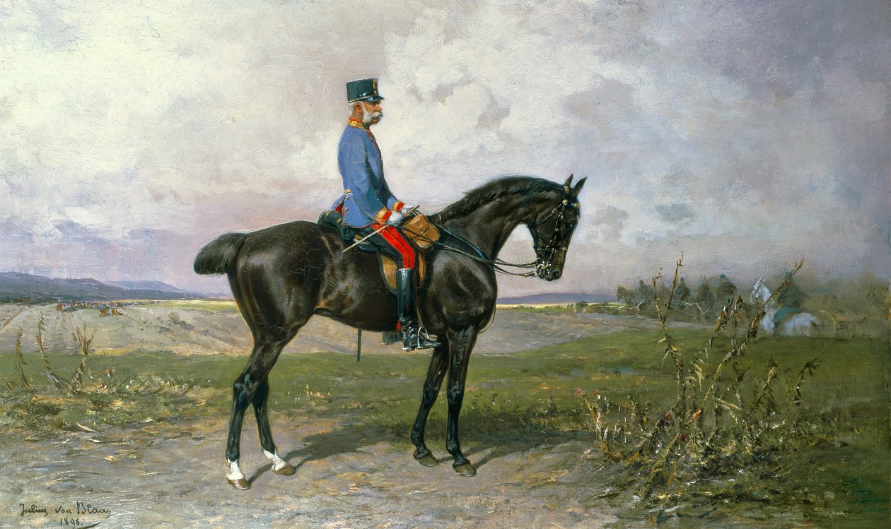 Keisari Franz Joseph I itävaltalaisella hevosellaan, 1898 tekijältä Julius von Blaas  