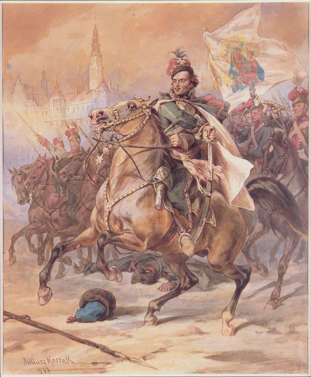 Kazimierz Pulawski (1747-79) Czestochowan taistelussa joulukuussa 1770, 1883 (wc pahvilla) tekijältä Juliusz Fortunat Kossak